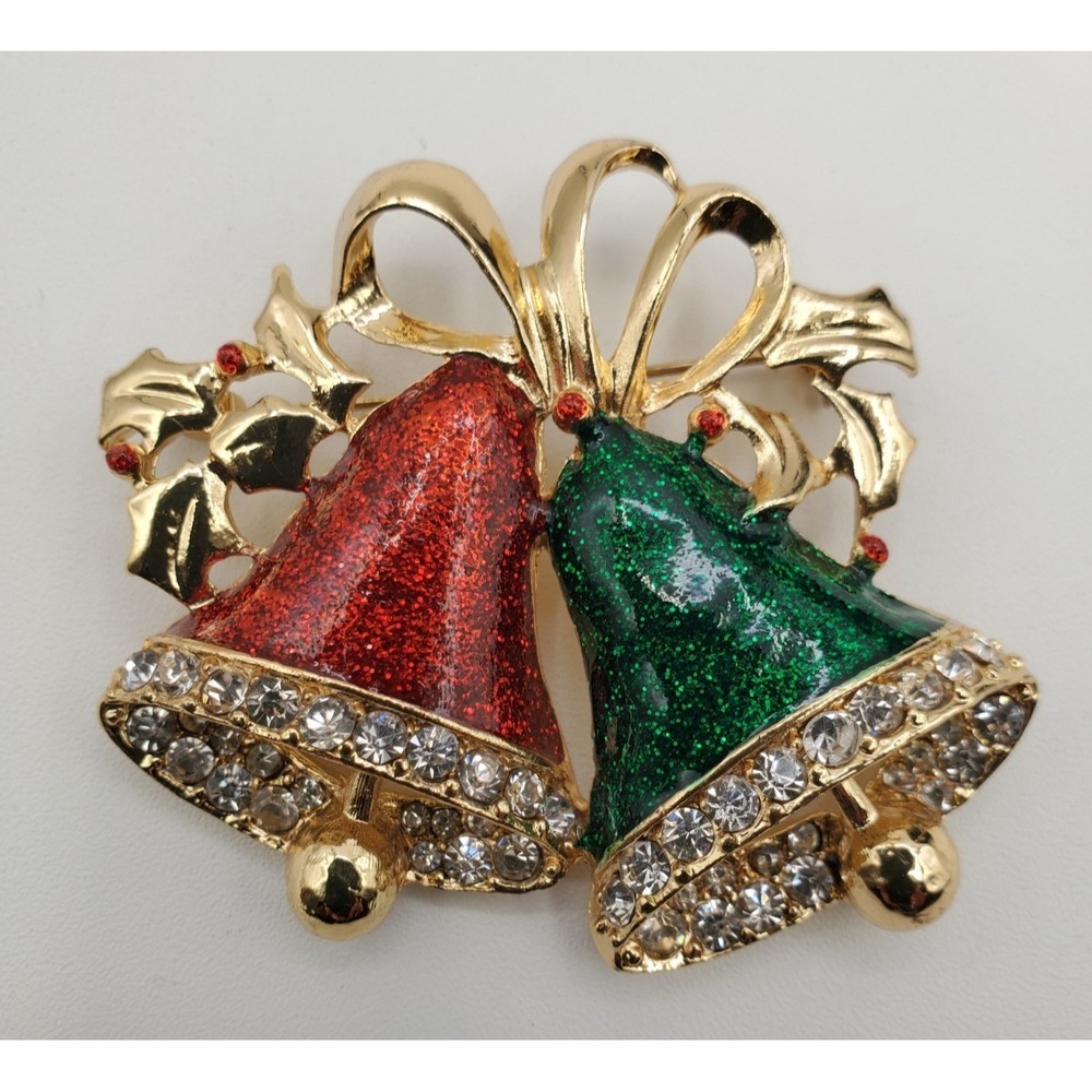 Vtg Goldtone Green & Red Glitter Bells w Rhinestones Christmas Brooch Pin